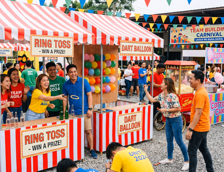 Lively Filipino company team building carnival event. Employees in colorful casual outfits play games at outdoor booth stations.