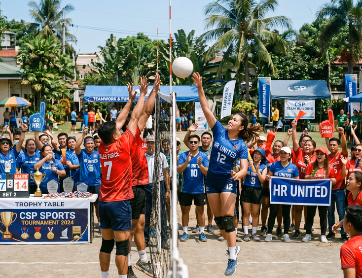 Filipino corporate sports tournament team building day. Employees in matching jerseys cheer and play volleyball on an outdoor court.