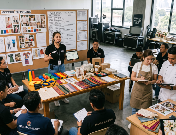 Filipino event organizer and team building host briefing suppliers inside a Manila events studio with props and mood boards on display.