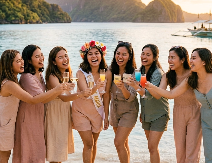 Eight Filipino women celebrating a bachelorette party on a pristine Philippine beach at golden hour with the bride in a white sash and flower crown raising glasses toward the camera