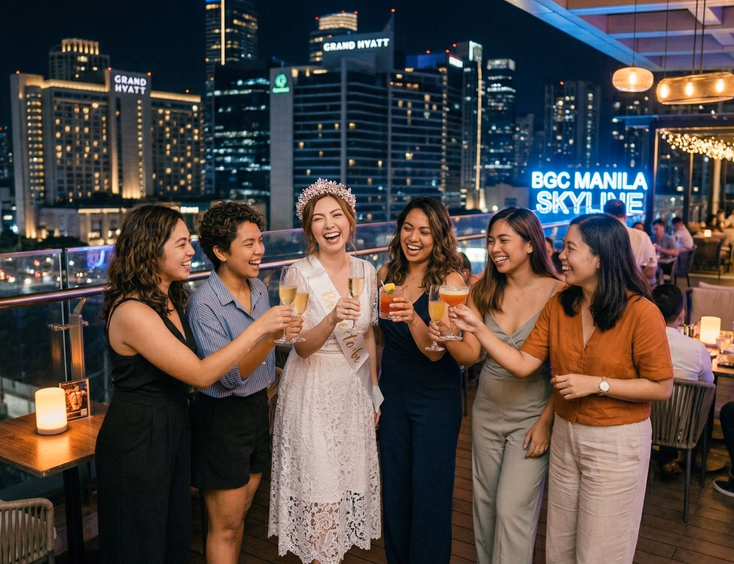Six Filipino women dressed up for a bachelorette night out raising cocktail glasses at a rooftop bar in BGC Manila with the city skyline glowing behind them