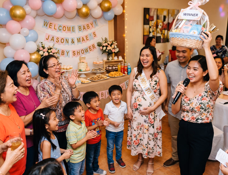 Laughing Filipino guests, including a pregnant mom, participate in a fun baby shower game in a bright function room decorated with pastel balloons.