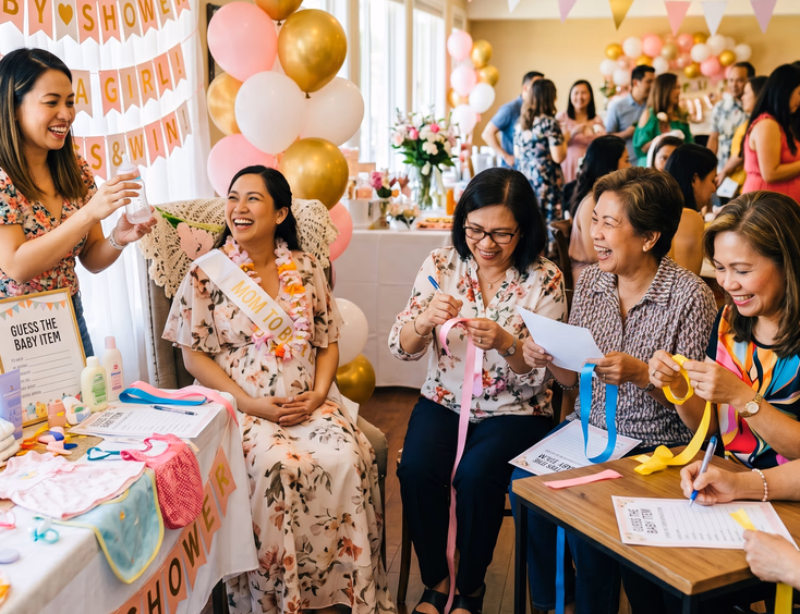 Seated Filipino guests holding ribbon lengths participate in a guessing game while a pregnant mom watches and smiles at a lively baby shower.