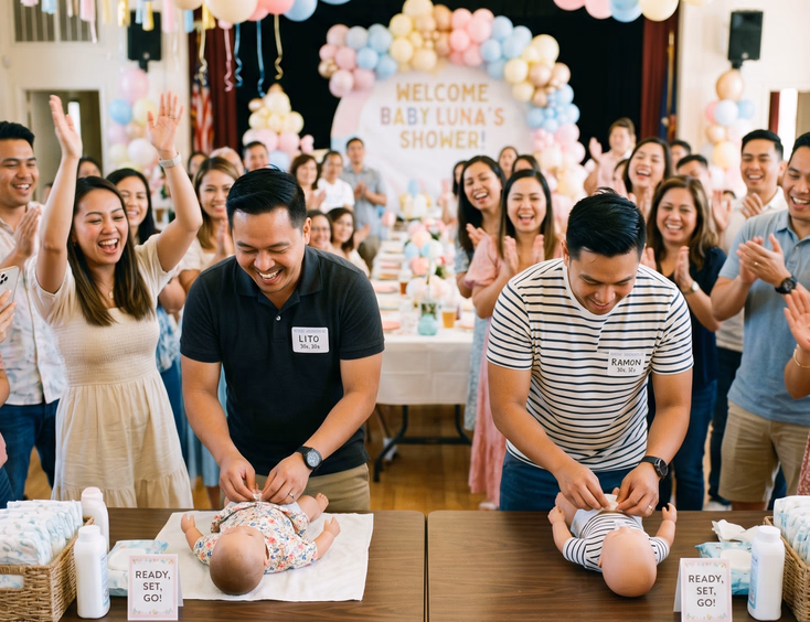Two Filipino dads compete in a lively doll-diaper-changing race as guests cheer during a fun coed baby shower party with pastel decorations.