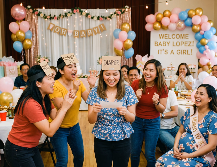 Filipino guests enjoy a game of Pinoy Henyo at a baby shower while teammates guess words written on headband cards near a decorated backdrop.