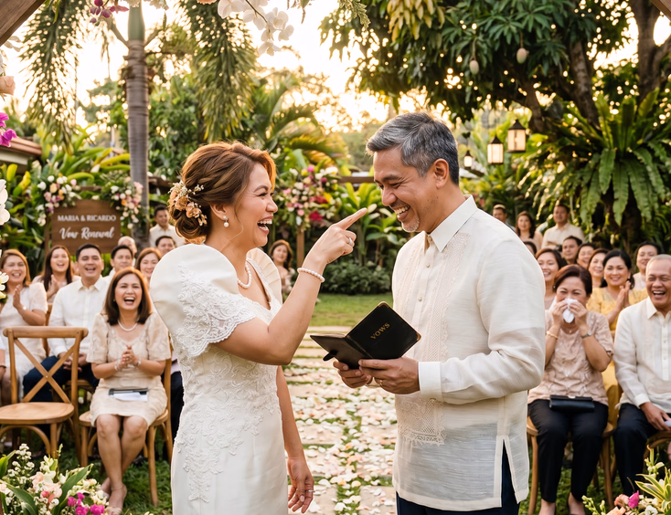 Filipino couple in their 40s laughing joyfully during a garden vow renewal ceremony, with the wife playfully pointing as the husband reads his vows in traditional Filipiniana and piña barong tagalog.