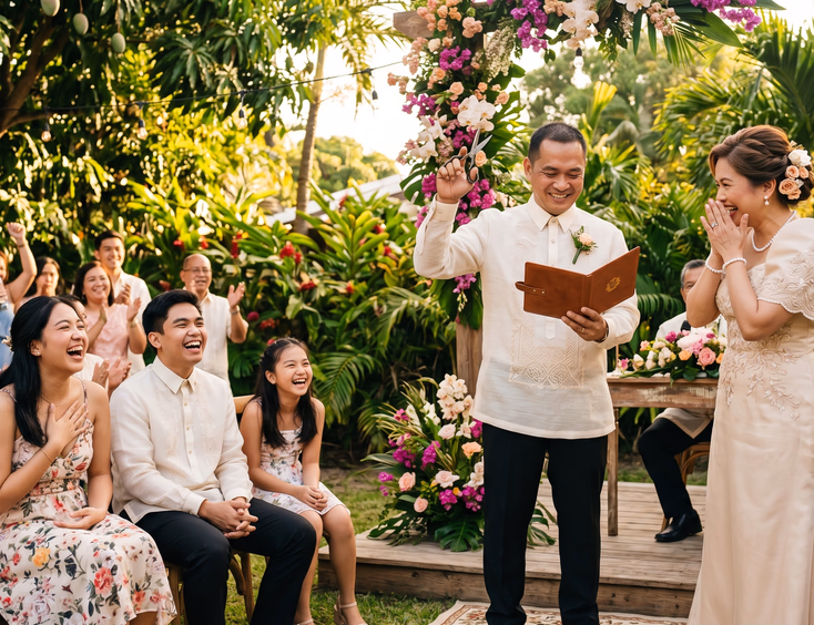 A Filipino husband surprises his wife with a joke involving scissors during their garden vow renewal ceremony, causing laughter among family members in the background.