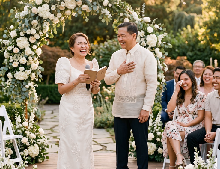 Filipina wife in traditional ivory attire laughs while reading vows to her smiling husband during a garden ceremony, with family laughing nearby.
