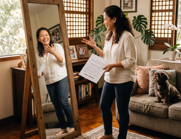 A Filipina woman practices her funny vow renewal speech in front of a living room mirror at home, gesturing and smiling while her dog watches from the couch.