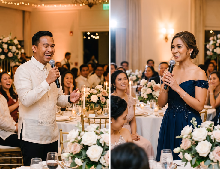 Split scene comparing laughing Filipino male wedding host in barong tagalog and poised Filipina female host in evening dress both speaking into microphones at same warmly lit reception