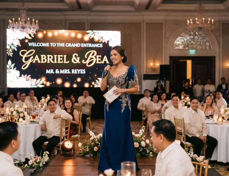 Filipina wedding host in formal gown introducing couple's entrance on ballroom stage with LED screen displaying couple's names before candlelit guests under chandeliers