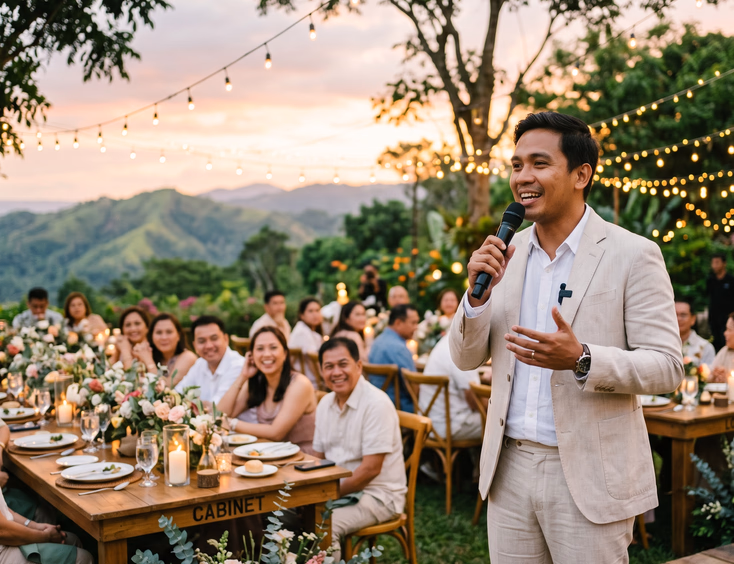 Filipino wedding host in linen suit speaking conversationally into wireless microphone at outdoor Tagaytay garden reception with farm tables wildflowers string lights and rolling green hills at sunset
