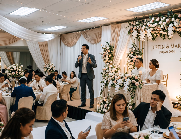 Filipino wedding host speaking at length on stage while bride and groom sit uncomfortably at head table and disengaged guests check phones under bright unflattering reception lighting