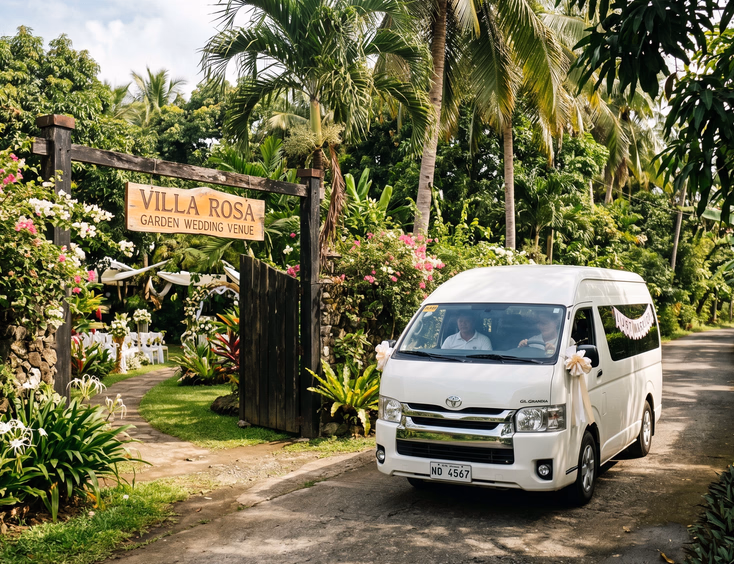 White Toyota HiAce van with wedding ribbons driving along a narrow tree-lined provincial road in Cavite Philippines approaching a rustic wooden gate at a garden wedding venue with dappled late morning sunlight through the canopy