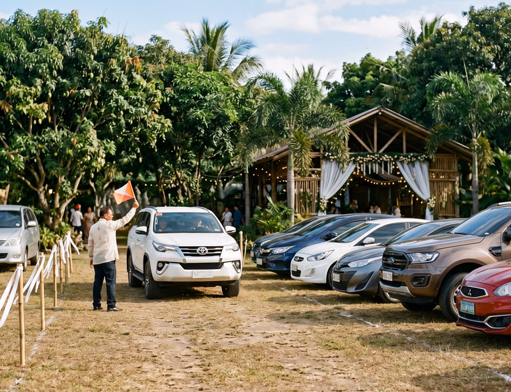 Grass field parking area at a Philippine garden wedding venue with six cars parked in a row and a Filipino man in Barong Tagalog waving a seventh car into position with bamboo stake markers and a rustic wooden pavilion visible in the background