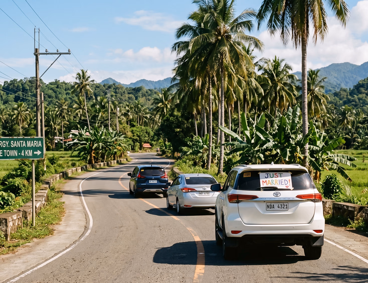 Convoy of three vehicles on a two-lane provincial road in Laguna Philippines with a white SUV leading a silver sedan and dark blue MPV past coconut palms and concrete walls with a handwritten wedding sign on the lead vehicle's rear windshield