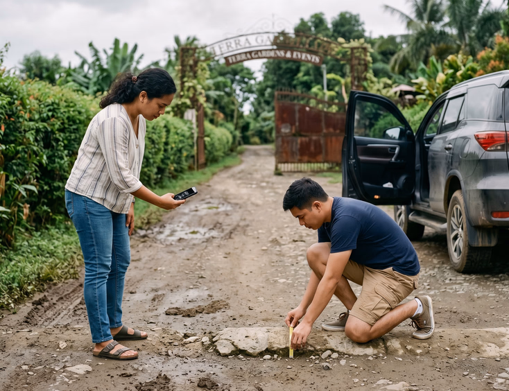 Filipino couple in casual clothes on a narrow unpaved road in Cavite Philippines with the woman photographing the road surface and the man measuring a concrete speed bump with their dark gray SUV parked behind them near a rustic garden venue entrance