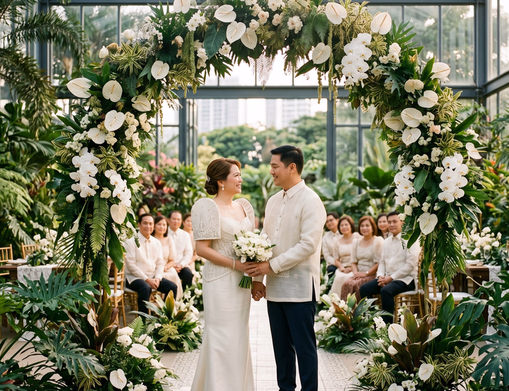 Mature Filipino couple in traditional Filipiniana and barong holding hands under a floral arch in a Metro Manila glass conservatory garden venue.