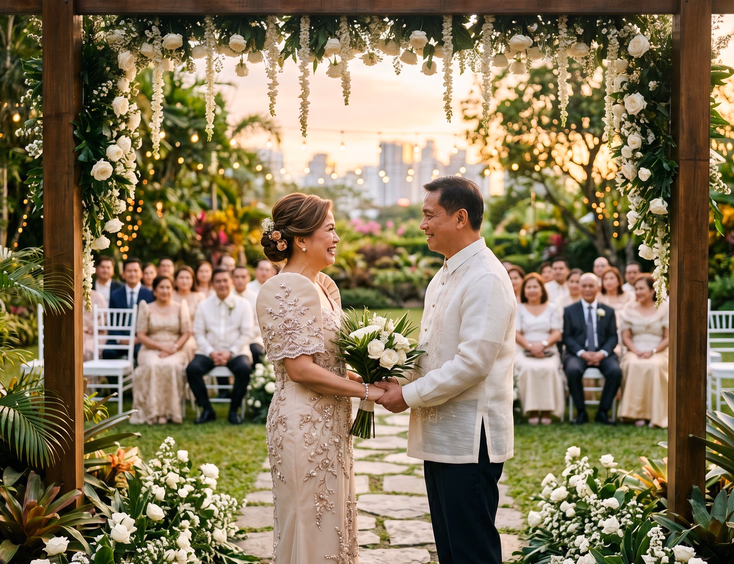 Filipino couple in their 50s exchanging vows in a garden venue in Metro Manila during golden hour, with family guests in the background.