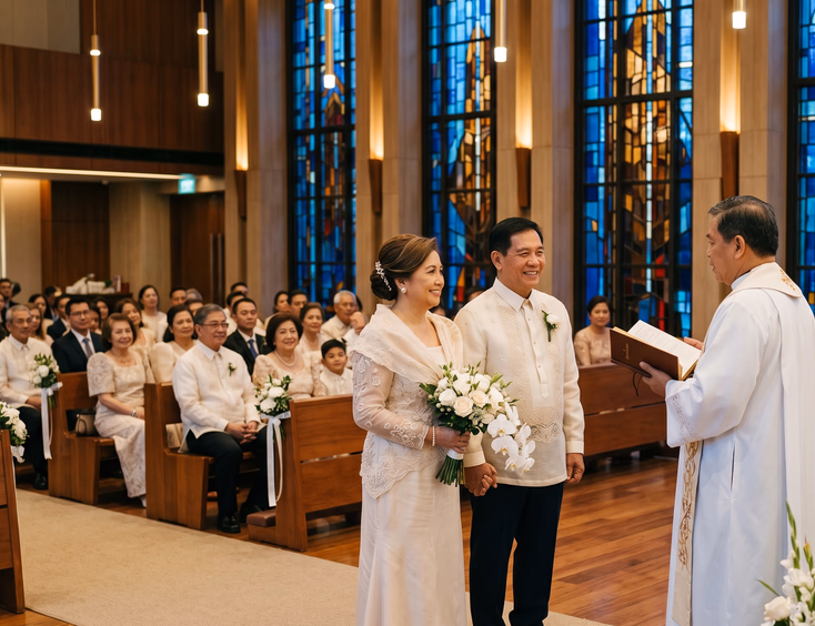 Senior Filipino couple in an elegant Filipiniana gown and barong at the altar of a modern hotel chapel in Metro Manila.