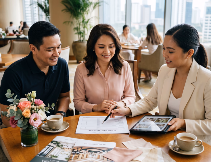 Filipino couple in their 40s discussing budget and venues with a wedding coordinator at a hotel lounge in Makati.