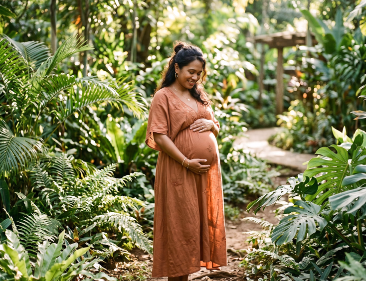 A pregnant Filipino woman in an earth-toned dress stands amidst lush green foliage with soft dappled sunlight, conveying a calm and radiant mood.