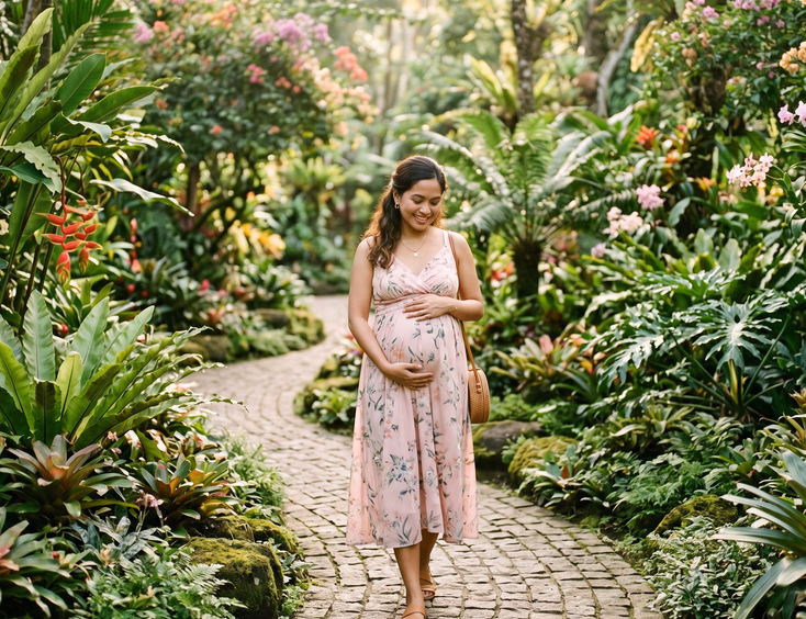 A pregnant Filipino woman in a soft pastel dress walks along a winding path in a lush botanical garden with layered greenery and gentle morning light.