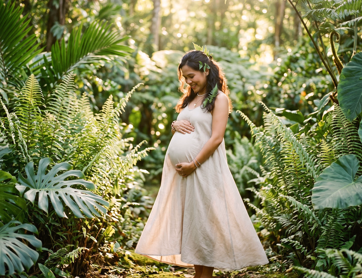 A pregnant Filipino woman in a flowing neutral dress cradles her bump among tall ferns and tropical leaves in soft backlit dappled light.