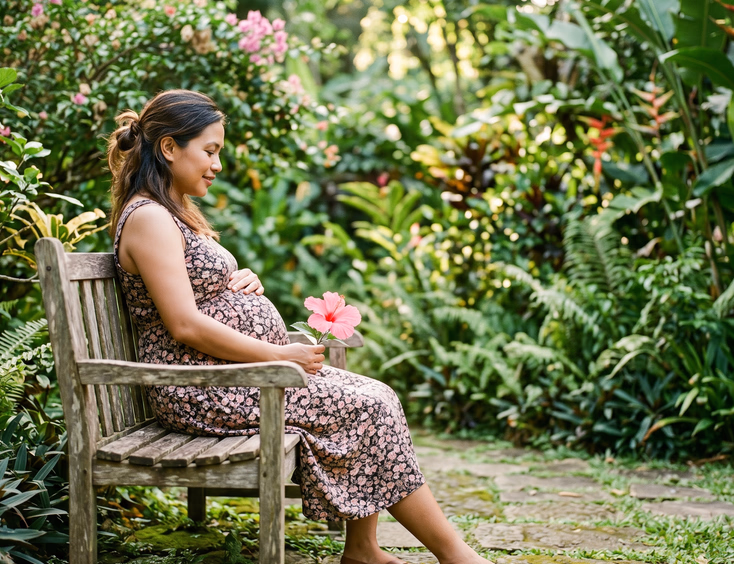 A pregnant Filipino woman sits in profile on a low garden bench holding a single flower, framed by lush greenery and soft natural light.
