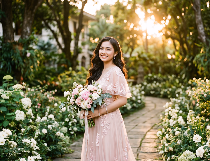 Filipino debutante in blush pink chiffon gown with lace appliques at golden hour in a lush garden estate, holding a floral bouquet on a stone pathway.