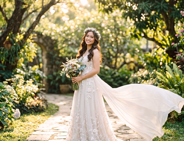 Filipino debutante in an ivory A-line chiffon gown with floral embroidery in a green garden with dappled sunlight, captured at golden hour.