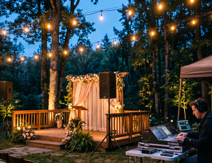 Outdoor garden debut setup at dusk with speakers, string lights, and a sound technician at a mixing console with warm amber lighting.