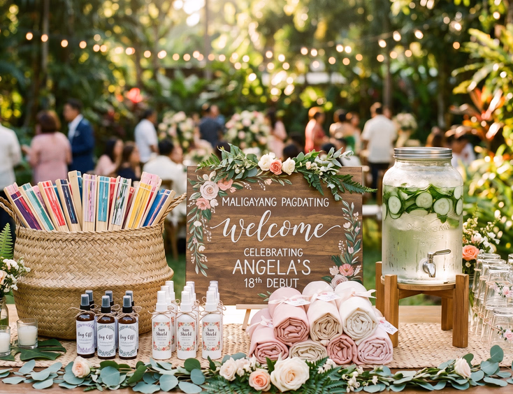 Welcome table at a Filipino garden debut with hand fans, insect repellent, sunscreen, pashminas, and a cucumber water dispenser in soft afternoon light.
