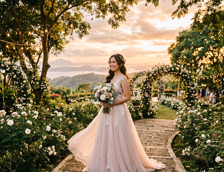 Filipino debutante in a blush A-line gown on a stone path in a lush garden at golden hour, overlooking the Tagaytay landscape.