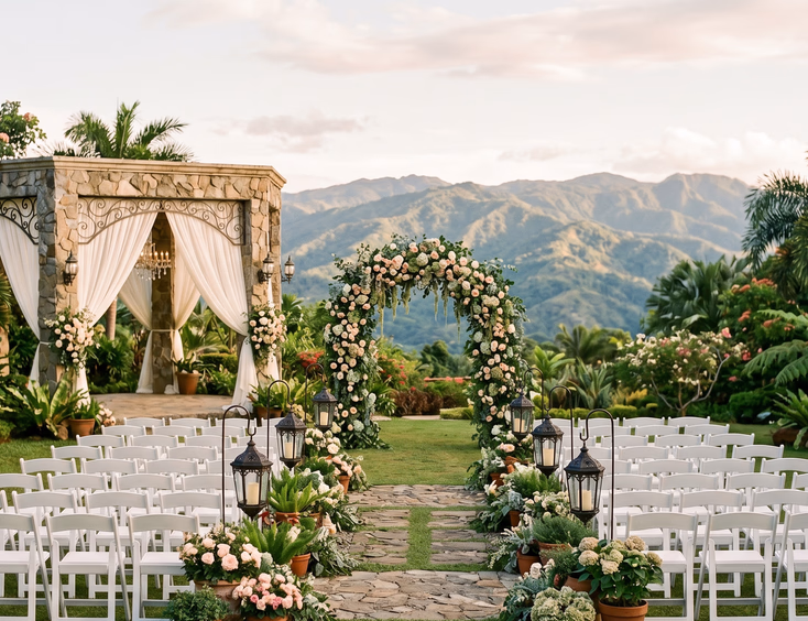 Antipolo garden estate debut venue with mountain views, featuring a decorated stone pavilion, white chairs, and a blush floral arch.