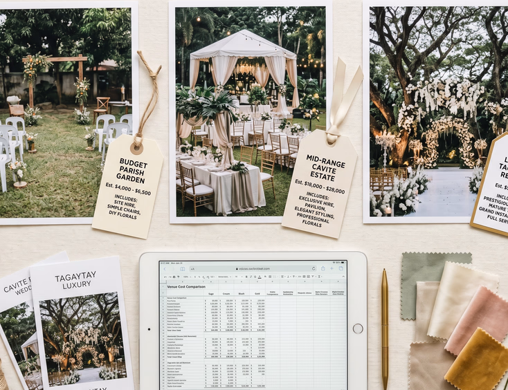 Flat lay comparison of garden debut venue pricing, featuring photos of budget to luxury setups, spreadsheets, and brochures.
