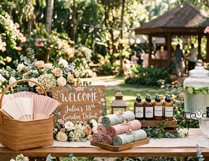 Detailed view of a garden debut welcome station with hand fans, pashminas, custom insect repellent, and infused water for guests.