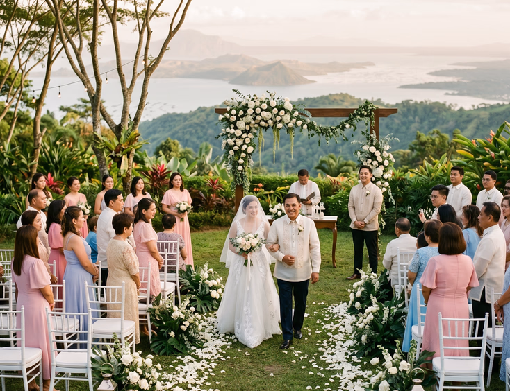 Filipino bride walking down a garden wedding aisle with her father at a Tagaytay ceremony with Taal Volcano in the background