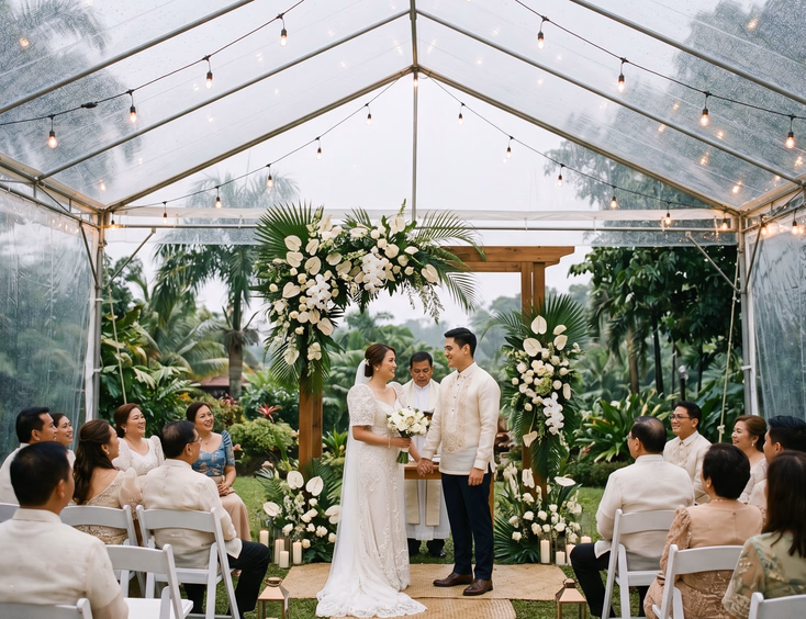Filipino couple exchanging vows under a clear tent during light rain at a romantic outdoor garden wedding in Antipolo Philippines