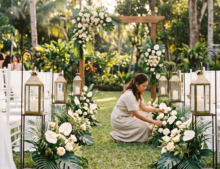 Filipina florist arranging tropical florals and brass lanterns along a garden wedding ceremony aisle in the Philippines