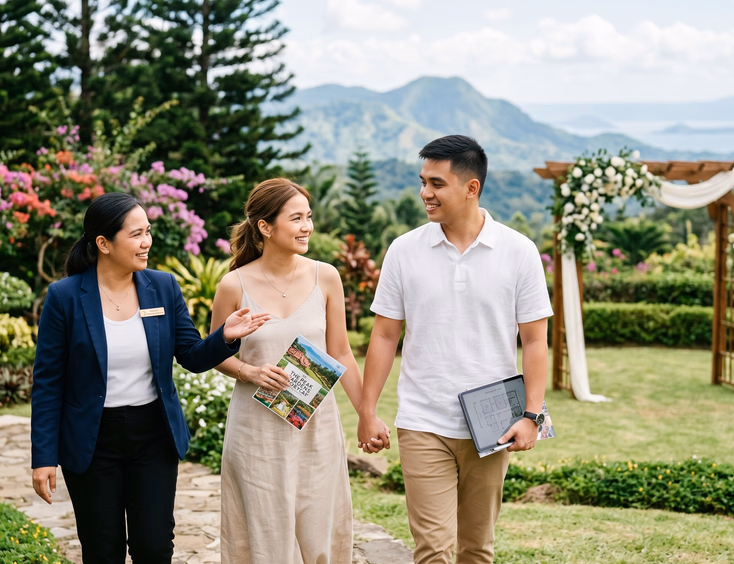 Filipino couple on a garden wedding venue site visit in Tagaytay with a coordinator reviewing the ceremony setup