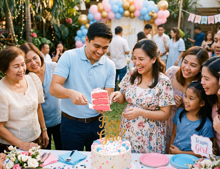 A happy Filipino couple cuts a gender reveal cake, revealing a bright pink sponge under white frosting during a festive party with relatives.