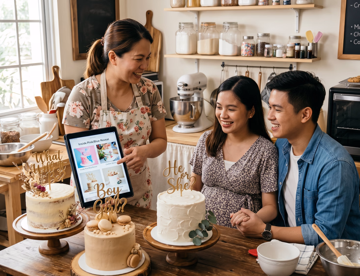 A Filipino home baker presents neutral gender reveal cake options and digital designs to an expectant couple in a cozy bakeshop kitchen.