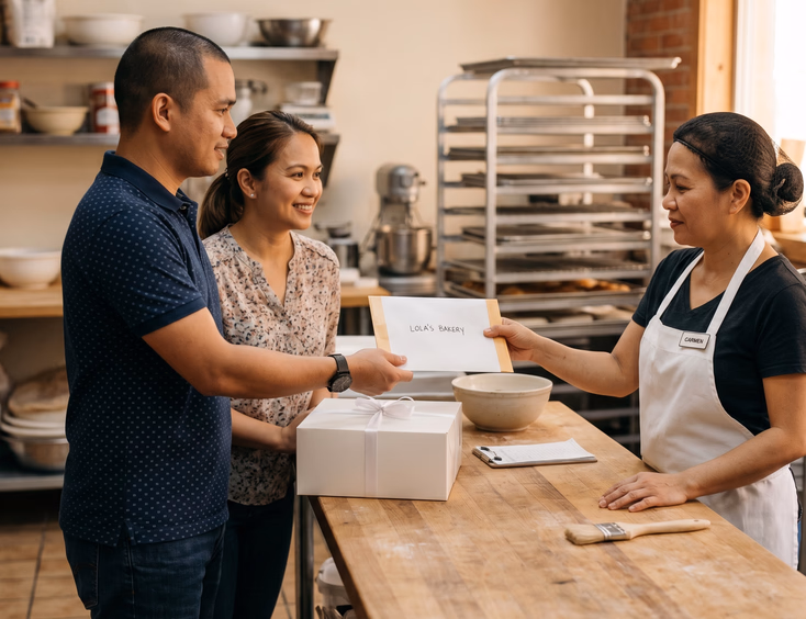 A Filipino couple discreetly hands a sealed envelope with gender results to a baker over a counter, with a plain white cake box nearby.