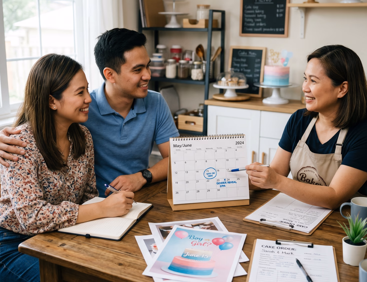 A Filipino couple confirms their booking date and reviews design printouts with a baker to organize their upcoming gender reveal cake order.