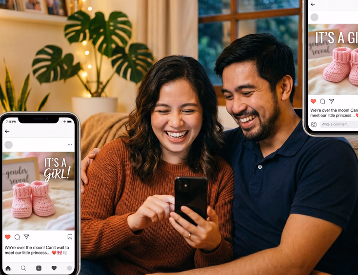A smiling Filipino couple at home sharing their gender reveal announcement on a smartphone, displaying a reveal photo with a caption in warm light.