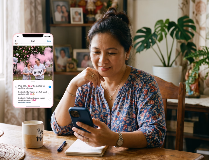 A Filipino parent sits relaxed at a table choosing a caption for a gender reveal social media post on a smartphone in soft daylight.