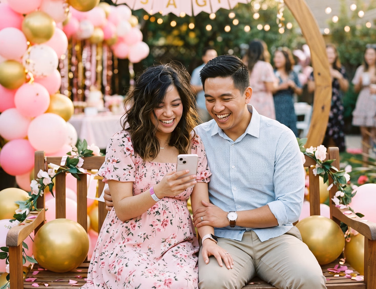 An excited Filipino couple in party outfits posts their gender reveal news on a smartphone with festive balloons behind them in warm light.