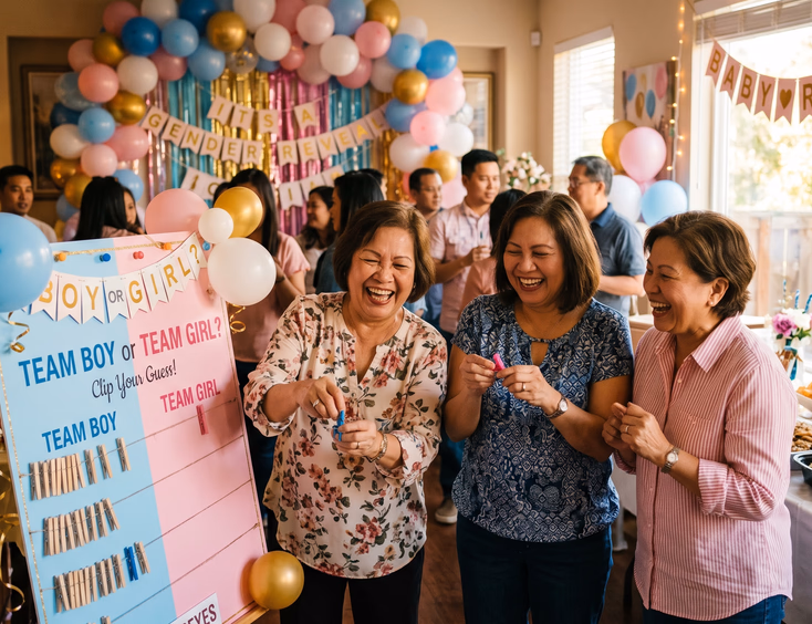 Filipino guests at a festive gender reveal party laugh together as they clip clothespins onto a Team Boy or Team Girl vote board.