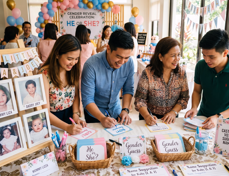 Guests engage in playful activities at a Filipino gender reveal, writing predictions and name suggestions at a bright, decorated table.